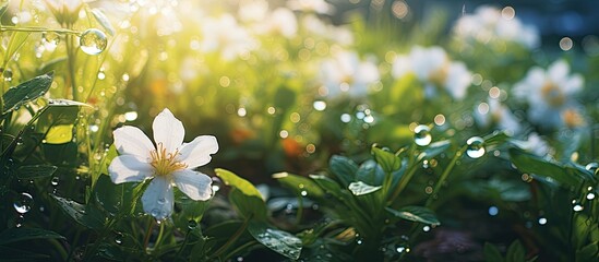 Canvas Print - White flower with dew on grass