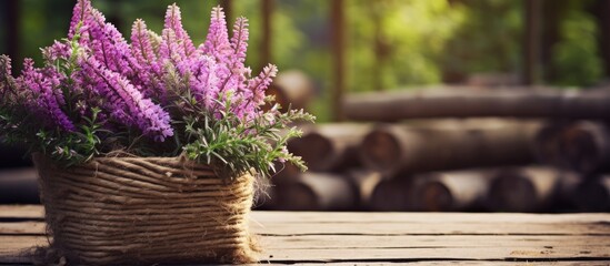 Sticker - Basket of violet blooms on wooden tabletop