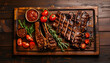 large wooden board with freshly grilled meat