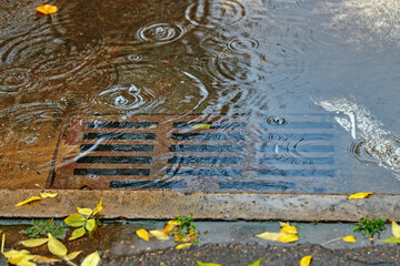 flooding across road during rain, blocked street drain. plumbing problems in the city, clogged drain