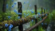Focus on the passage of time A weathered wooden fence overgrown with vines stretches along the edge of a mosscovered pond A cluster of water forgetmenots peeks through the cracks in the fence, their v