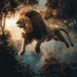 A lion soaring above the treetops in a mystical forest , hyper realistic, low noise, low texture