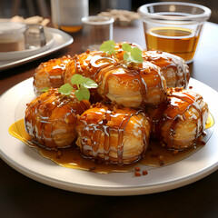 Wall Mural - Caramelized cake rolls with caramel sauce on a white plate.