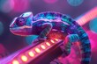 Otherworldly Chameleon Ascends Luminous LED Strip Vibrant Reptile in Cinematic Fantasy Scene