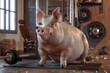 A pig exercising in a gym where the equipment responds to thoughts , hyper realistic, low noise, low texture