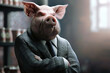 A pig in a business suit, conducting deals in a market where goods float and trade themselves , hyper realistic, low noise, low texture