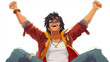 A man in a red jacket is smiling and holding his hands up in the air. He is wearing sunglasses and a gold necklace. The image has a happy and carefree mood, as the man is enjoying himself