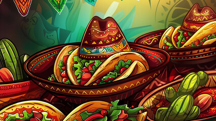 Canvas Print - Mexican sombrer, tacos and maracas on vibrant color background. Festive colors illustration for promo on cinco de mayo.