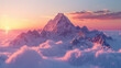 An awe-inspiring, untouched mountain peak emerging through the clouds in the serene light of sunrise.