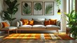 Living room interior with comfortable furniture and home decors - a comfy couch, armchairs, coffee table, houseplants, floor lamp, wall pictures. Modern illustration.