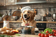 A dog cooking a gourmet meal in a kitchen where the utensils float and cook by themselves , hyper realistic, low noise, low texture