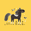Funny cartoon horse frolicking in the meadow, vector illustration