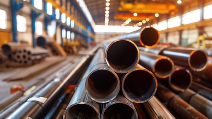 Wall Mural - High quality steel pipe or aluminum in stack waiting for shipment in warehouse, Steel industry. copy space for text.