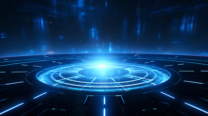 Blue futuristic background with glowing rings and circular frame