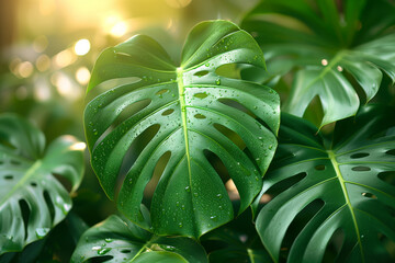 Green monstera leafs with water drops 8k wallpaper background