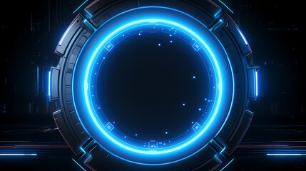 Blue futuristic background with glowing rings and circular frame