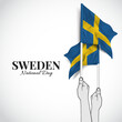 Sweden National Day. Hands with flags. Vector Illustration.
