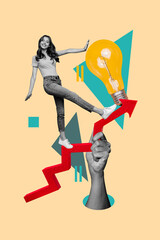 Poster - Vertical photo collage of happy girl walk arrow up new strategy promotion light bulb development progress isolated on painted background