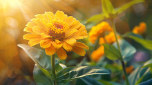 Closeup Of Yellow Zinnia Flower Under Sunlight
