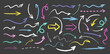 © Nataliia - Set of colorful hand drawn grunge doodle spiral and curved white chalk arrows on black background. Scribble symbols of direction pointers, swirl arrow elements for infographic design