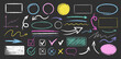 © Nataliia - Set of colorful hand drawn grunge doodle curved charcoal, chalk arrows, stamp, abstract shapes on black background. Scribble symbols of direction pointers, swirl arrow elements for infographic