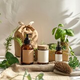 Fototapeta  - Various eco-friendly skincare products displayed amidst green plants and sunlight, with shadows casting on a textured backdrop.