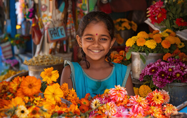 Wall Mural - A young indian girl selling wide variety of flowers in her shop.