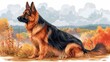 The German Shepherd is a large smart herding or stock dog isolated on white background. It is a stunning purebred domestic animal or a working dog. This is a vibrant modern illustration in flat