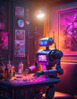 A robot in his room in neon punk style is doing creativity.