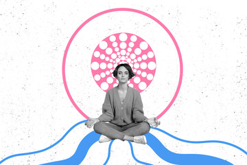 Canvas Print - Sketch image trend composite 3D photo collage of young calm lady sit lotus pose in circle keep om gesture finger zen geometry elements