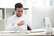 Man, office and laugh on computer with coffee as web designer on break and relax. Website developer, funny and happy with creative or ideas for work, project and startup business as employee