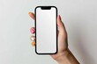 hand with great color nail design holds big phone with white screen phone flat view white background for website