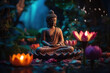 Buddha statue and magic lotus flowers in the garden at night. Buddha Purnima. Vesak day. Buddhist Holiday background