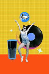 Poster - Vertical photo collage of happy girl dance huge coke glass disco ball retro party record vinyl plate weekend isolated on painted background