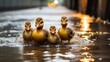 A group of ducks gracefully swim in serene waters