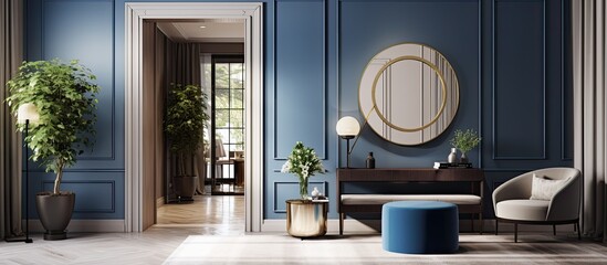 Wall Mural - House with blue walls, chair, table, mirror, and wood fixtures