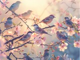 Fototapeta  - birds, trees, flowers, blossoms , Flock of birds are singing happily on the branches of a tree with spring flower blossoms and sun light background