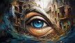 Capture a mesmerizing Worms-eye view of a swirling, mystical illusion using vivid watercolors Portray the magic within an abandoned cityscape, blending mystery and beauty