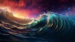 Capture the mesmerizing Aerial view of waves crashing within a frame of wonder Using computer-generated 3D rendering techniques, depict a futuristic space scene with vibrant colors and elements of che