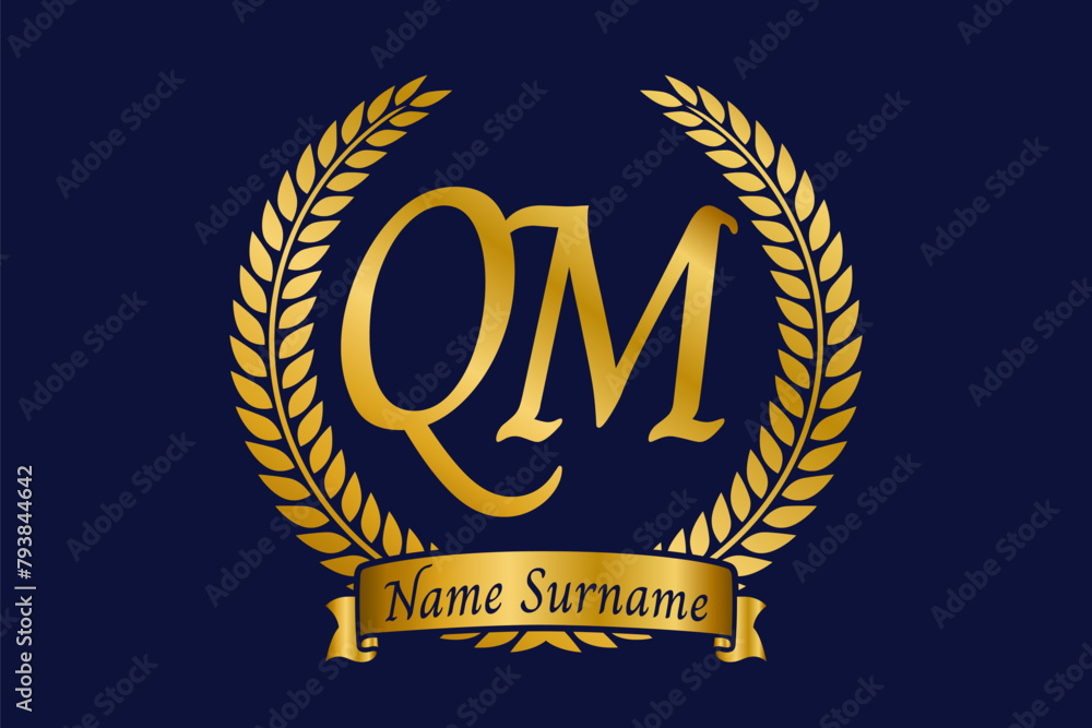 Initial letter Q and M, QM monogram logo design with laurel wreath ...
