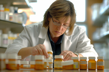 Professional female pharmacist sorts medication bottles on a counter in a well-lit pharmacy setting