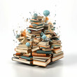Pile of books with explosion isolated on white background. 3d illustration