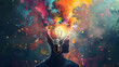 a person with a lightbulb filled with colors in their head