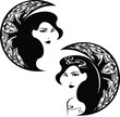 beautiful fairy tale queen or princess head with crescent moon - night time beauty woman black and white vector portrait set
