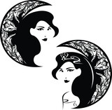 Fototapeta  - beautiful fairy tale queen or princess head with crescent moon - night time beauty woman black and white vector portrait set