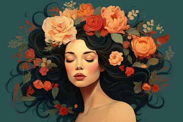 Wall Mural - Beautiful girl with flowers in her hair, fashionable illustration, isolated background.