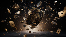 Dramatic Exploding Playing Cards And Gold Watch Pieces On Dark Background