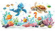 Colorful cartoon marine animals with a cute dolphin, turtle, and fish