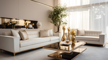 Wall Mural - home design with white furnishings and gold touches, a Stylish interior with white furniture and luxurious gold accents, and an Elegant white and gold-themed modern living room.