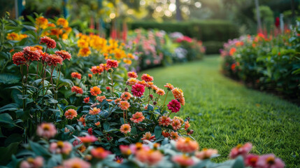 Lush garden path lined with vibrant dahlias and marigolds at sunset